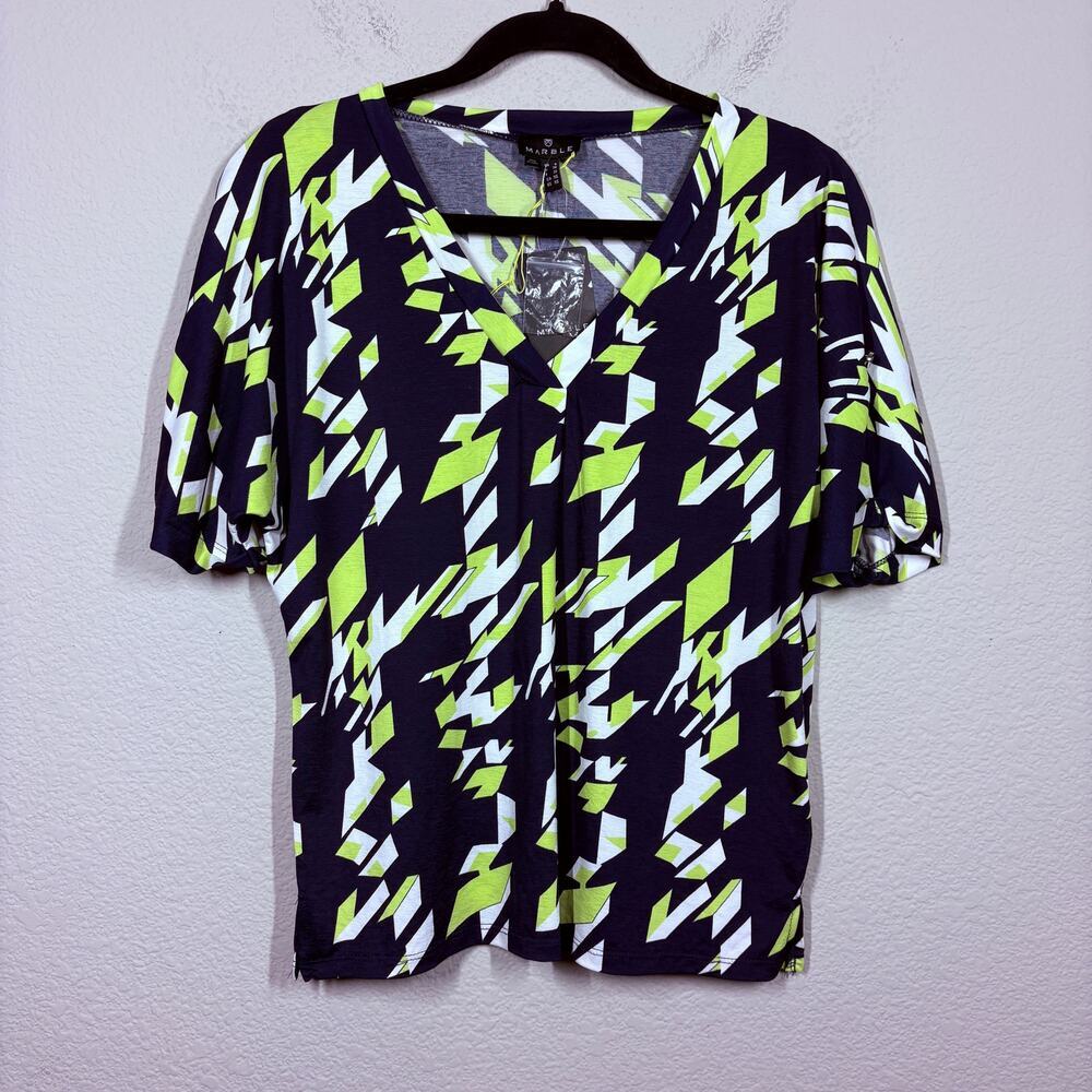 Marble Size XS Relaxed Fit Shirt Blouse Green Nacy Abstract Print Puff Sleeves